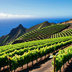 **A lush vineyard clinging to the volcanic slopes of St. Helena, bathed in the tropical sun. Focus on the innovative irrigation techniques used to nourish the vines. In the background, the deep blue Atlantic Ocean stretches to the horizon. Style: Photorealistic.**