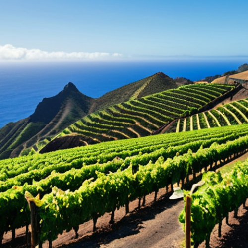 Home 23 **A lush vineyard clinging to the volcanic slopes of St. Helena, bathed in the tropical sun. Focus on the innovative irrigation techniques used to nourish the vines. In the background, the deep blue Atlantic Ocean stretches to the horizon. Style: Photorealistic.**