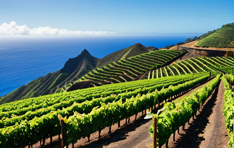 **A lush vineyard clinging to the volcanic slopes of St. Helena, bathed in the tropical sun. Focus on the innovative irrigation techniques used to nourish the vines. In the background, the deep blue Atlantic Ocean stretches to the horizon. Style: Photorealistic.**
