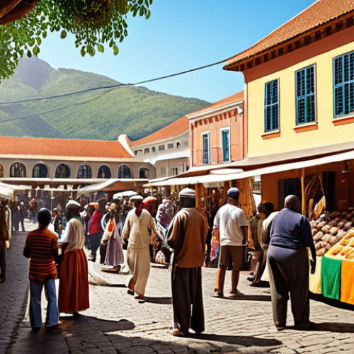 Home 22 **
"A vibrant, colorful marketplace on St. Helena. People of diverse ethnic backgrounds (European, African, Asian) are interacting, buying and selling local crafts and produce. Traditional St. Helenian architecture in the background. Warm, sunny lighting, emphasizing the cultural mix and bustling activity. Focus on the unique blend of cultures."
**