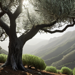 **

"A lush, misty mountain scene on St. Helena, featuring the St. Helena olive tree (Nesohedyotis arborea) with its silvery leaves shimmering in the sunlight. Focus on the detail of the leaves and the overall green and silver color palette. In the background, suggest the ongoing reforestation efforts. Dramatic lighting."

**