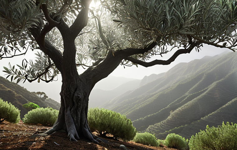 **
"A lush, misty mountain scene on St. Helena, featuring the St. Helena olive tree (Nesohedyotis arborea) with its silvery leaves shimmering in the sunlight. Focus on the detail of the leaves and the overall green and silver color palette. In the background, suggest the ongoing reforestation efforts. Dramatic lighting."
**