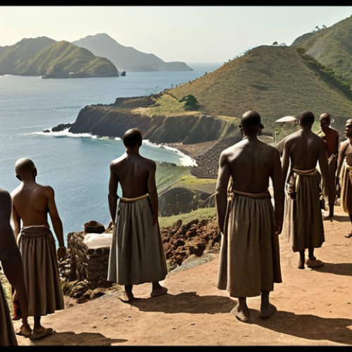 Home 20 A historically rich depiction of St. Helena's formative years. The image captures the fusion of cultures: African slaves, European settlers, and Asian laborers, against a backdrop of early colonial architecture and the island's rugged landscape. Convey the harsh realities of forced migration and labor, yet subtly illustrate the emergence of a unique 'Saint' identity through resilience and adaptation. Use a poignant, realistic historical art style with muted but reflective colors. Focus on human figures and their environment.