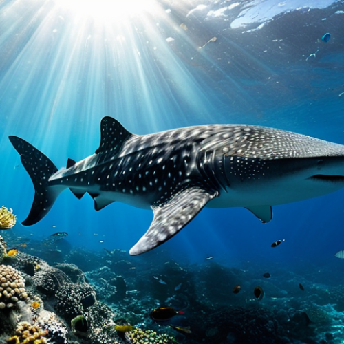 Home 9 An underwater scene in the crystal-clear, warm blue waters off Saint Helena. A majestic whale shark gracefully swims forward, partially illuminated by sun rays piercing through the surface. Below, vibrant coral formations and colorful tropical fish are visible. The image captures the serene beauty of the marine ecosystem. This is a professional nature photograph, safe for work, appropriate content, family-friendly, high quality, highly detailed, realistic.