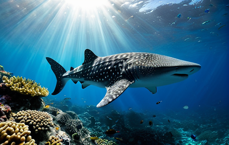 An underwater scene in the crystal-clear, warm blue waters off Saint Helena. A majestic whale shark gracefully swims forward, partially illuminated by sun rays piercing through the surface. Below, vibrant coral formations and colorful tropical fish are visible. The image captures the serene beauty of the marine ecosystem. This is a professional nature photograph, safe for work, appropriate content, family-friendly, high quality, highly detailed, realistic.