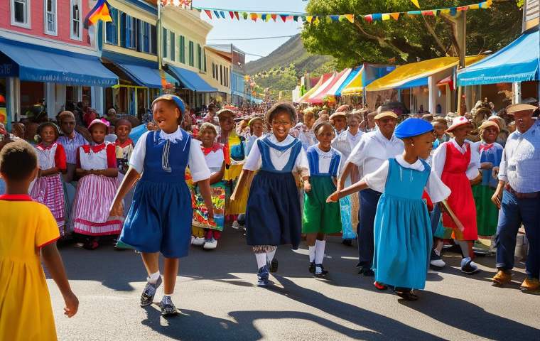세인트헬레나 전통 행사 - A vibrant street festival scene in Jamestown, St. Helena, bursting with color and energy. The histor...