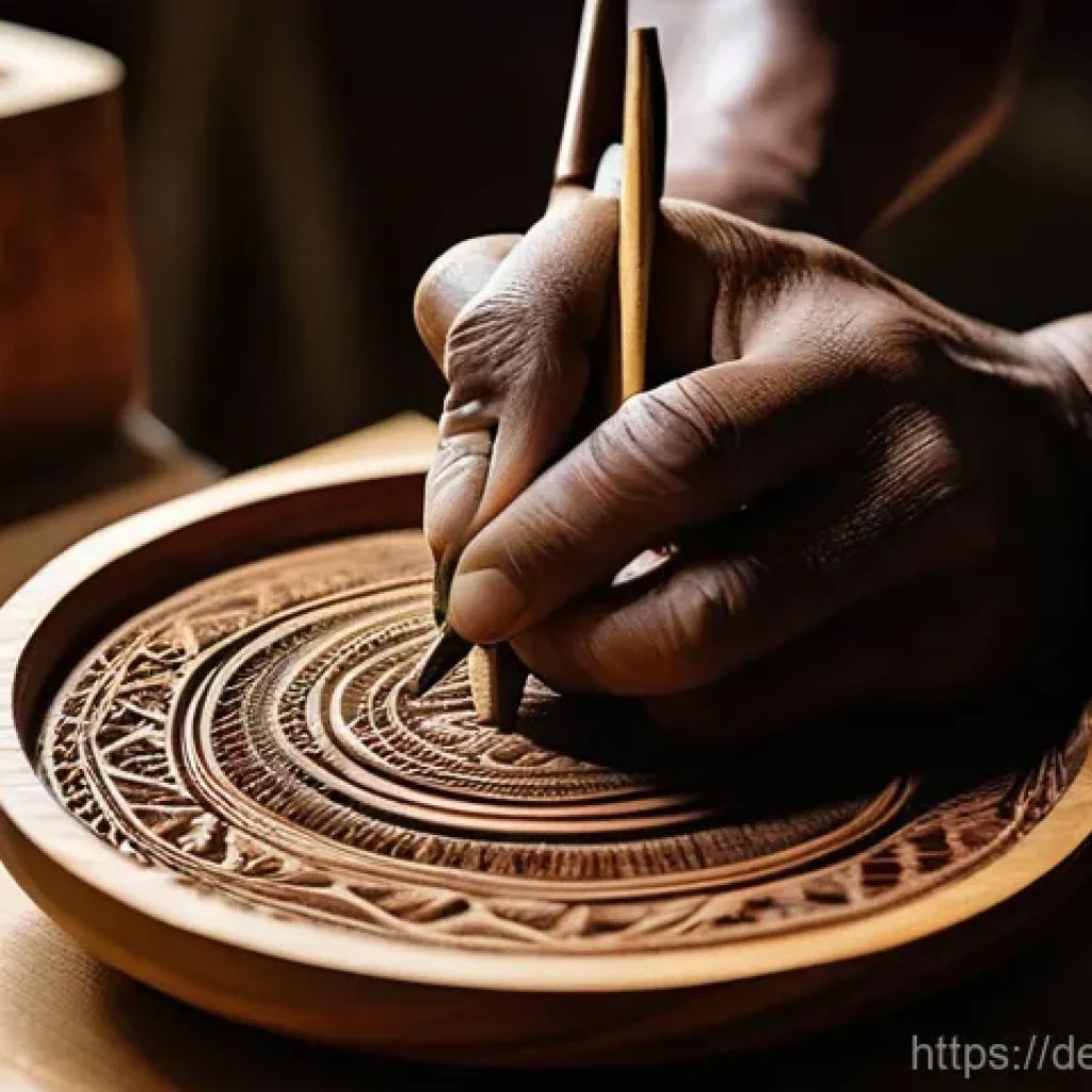 세인트헬레나에서 유명한 기념품 리스트 - **Prompt:** A close-up, highly detailed shot of a skilled artisan's hands carefully carving an intri...
