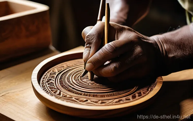 세인트헬레나에서 유명한 기념품 리스트 - **Prompt:** A close-up, highly detailed shot of a skilled artisan's hands carefully carving an intri...