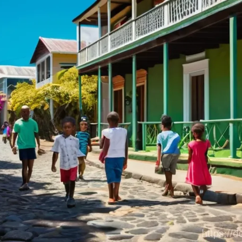 세인트헬레나 치안 및 안전 - **Prompt:** "A vibrant, welcoming street scene in Jamestown, St. Helena, at midday. A diverse group ...