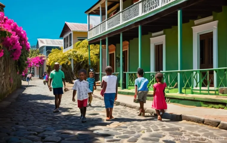 세인트헬레나 치안 및 안전 - **Prompt:** "A vibrant, welcoming street scene in Jamestown, St. Helena, at midday. A diverse group ...