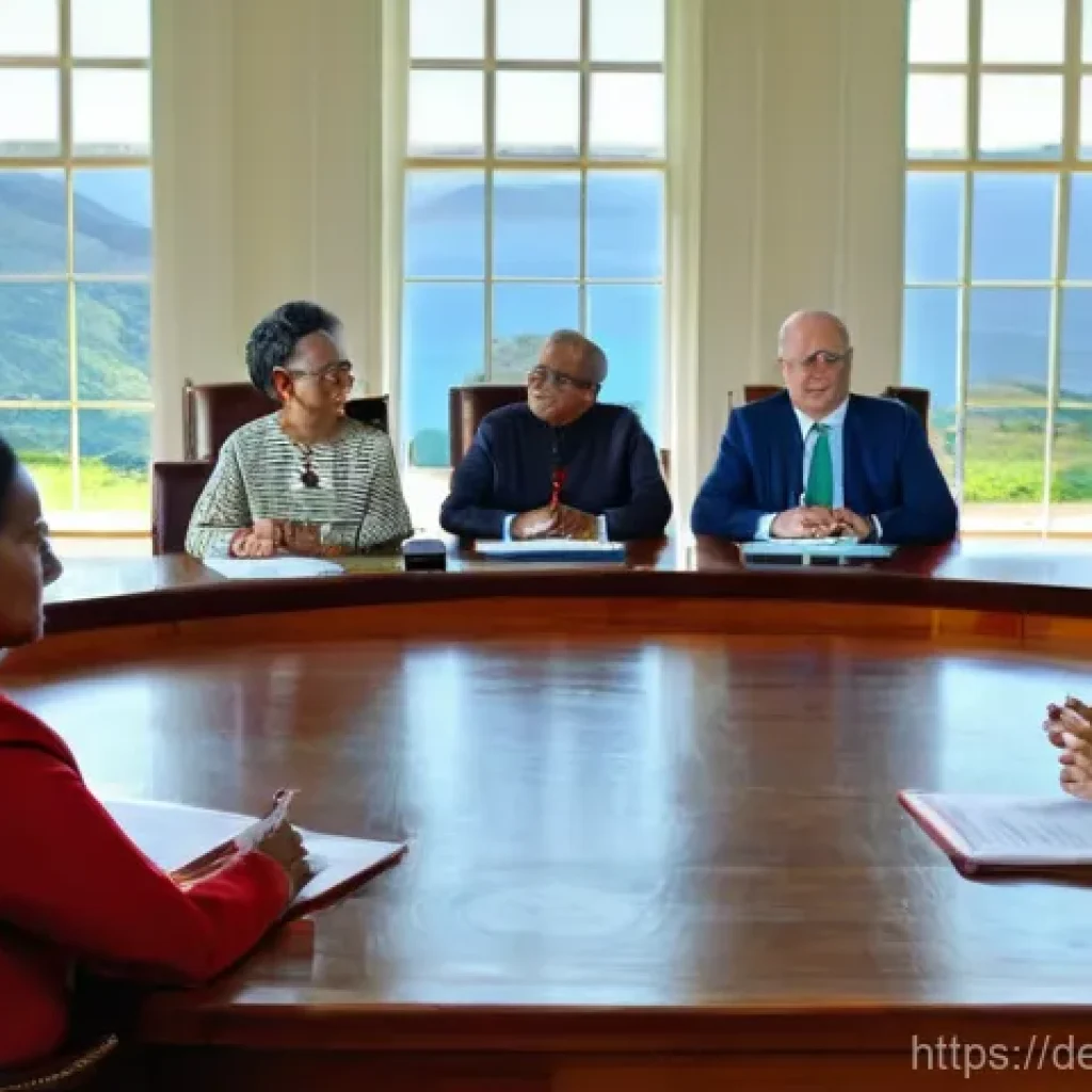세인트헬레나 정치 및 행정 - **Prompt:** A vibrant depiction of a St. Helena Legislative Council session. The setting is a bright...
