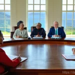 Home 16 세인트헬레나 정치 및 행정 - **Prompt:** A vibrant depiction of a St. Helena Legislative Council session. The setting is a bright...