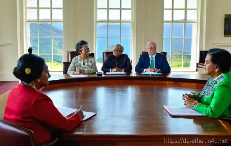 세인트헬레나 정치 및 행정 - **Prompt:** A vibrant depiction of a St. Helena Legislative Council session. The setting is a bright...