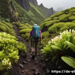 Home 15 세인트헬레나 여행 중 피해야 할 것 - A detailed scene of a hiker on St. Helena’s rugged volcanic terrain, wearing sturdy hiking boots and...