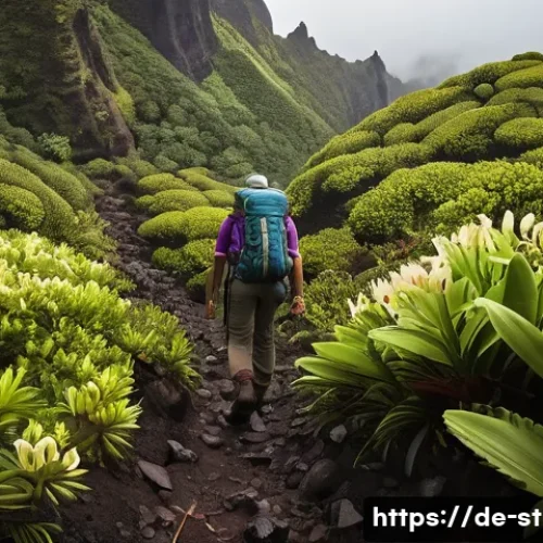 Home 27 세인트헬레나 여행 중 피해야 할 것 - A detailed scene of a hiker on St. Helena’s rugged volcanic terrain, wearing sturdy hiking boots and...