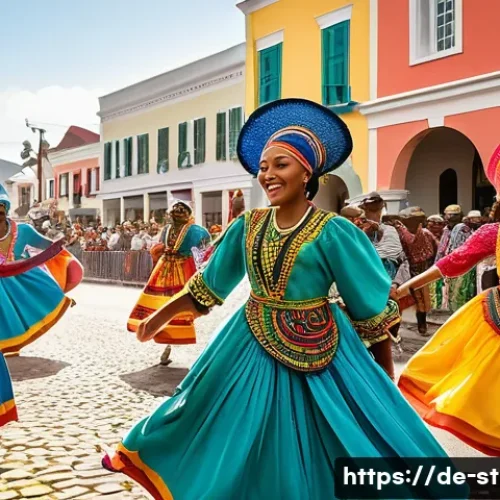 Home 26 세인트헬레나 전통 음악과 춤 - A vibrant street carnival scene on St. Helena island, showcasing a diverse group of dancers and musi...