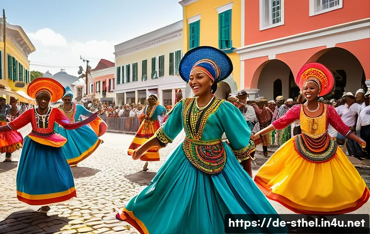 세인트헬레나 전통 음악과 춤 - A vibrant street carnival scene on St. Helena island, showcasing a diverse group of dancers and musi...