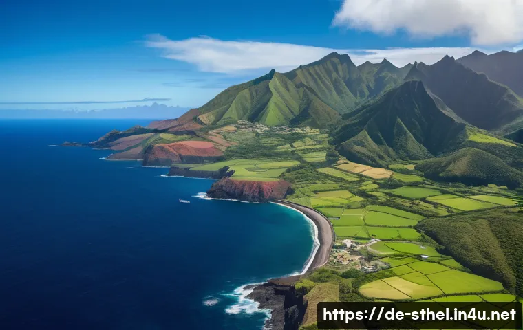 세인트헬레나 역사적 사건 정리 - A detailed aerial view of St. Helena island in the South Atlantic Ocean, showcasing its volcanic lan...