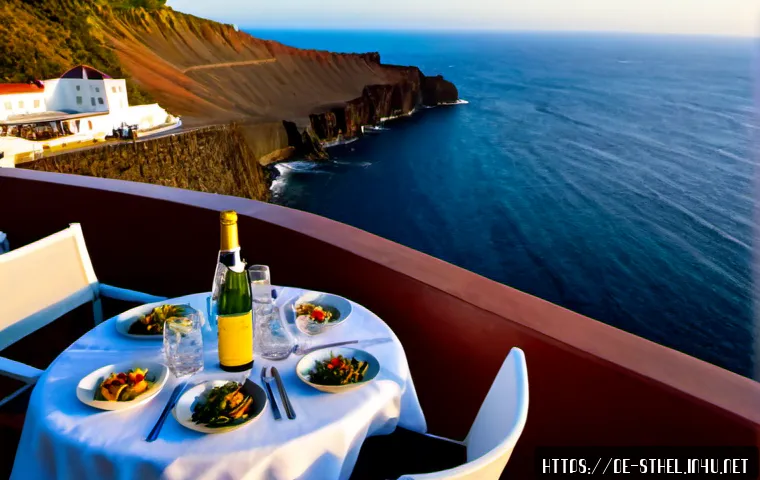 세인트헬레나 레스토랑 리스트 - Photorealistic outdoor restaurant terrace overlooking the harbor in Jamestown, Saint Helena, elegant...