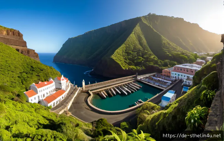 세인트헬레나의 세계문화유산 가능성 - Photorealistic wide-angle view of Jamestown, Saint Helena, historic stone buildings and steep volcan...