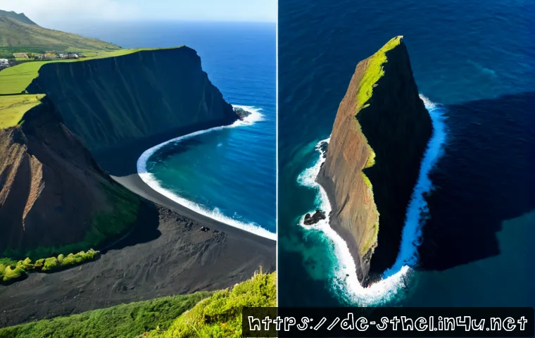 세인트헬레나와 트리스탄다쿠냐 비교 - Photorealistic split-scene aerial comparison of two remote South Atlantic islands: left side Saint H...