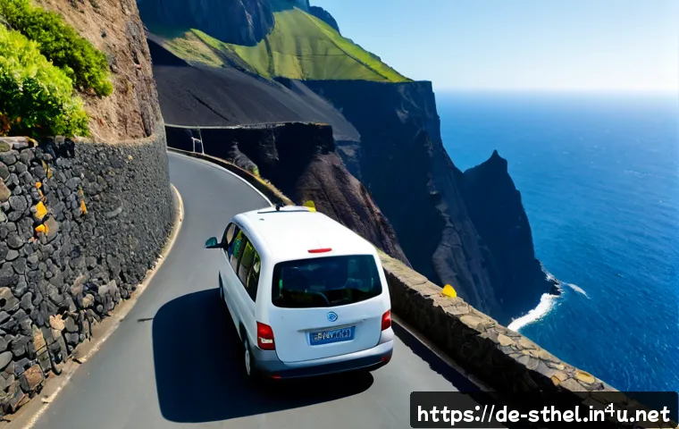 세인트헬레나 교통 수단 비교 - Photorealistic split-scene travel comparison on Saint Helena Island: a compact rental car driving al...