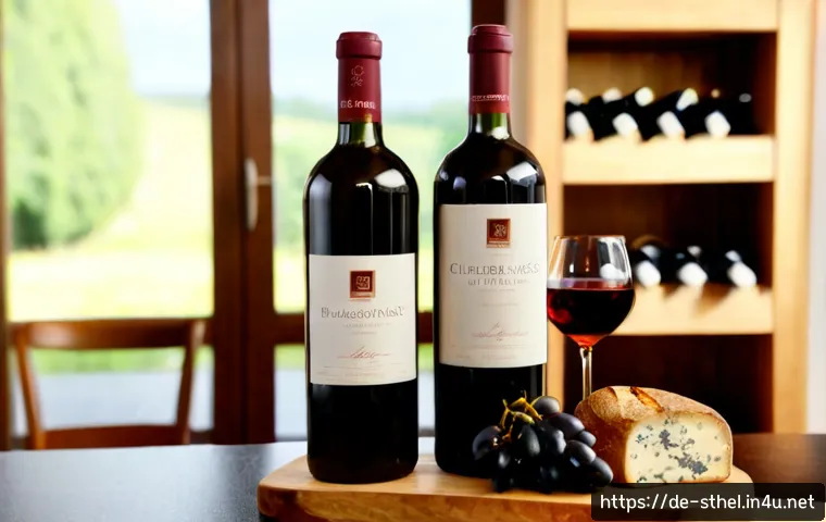 세인트헬레나 와인 및 주류 - Photorealistic premium wine tasting scene in a refined German wine shop, a deep red wine bottle with...